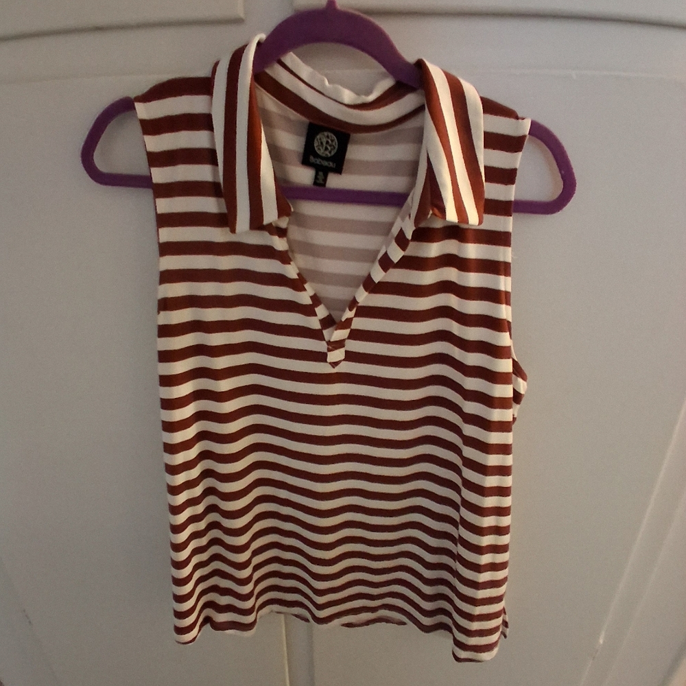 Bobeau Brown and White Striped Collared Top